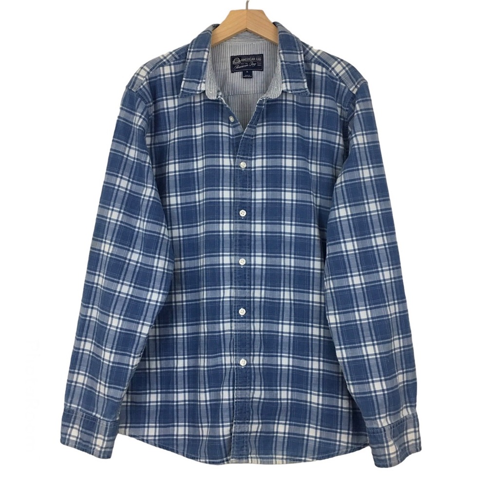 American Rag Light Blue White Plaid Button Down Cotton Casual Mens Shirt Size XL
